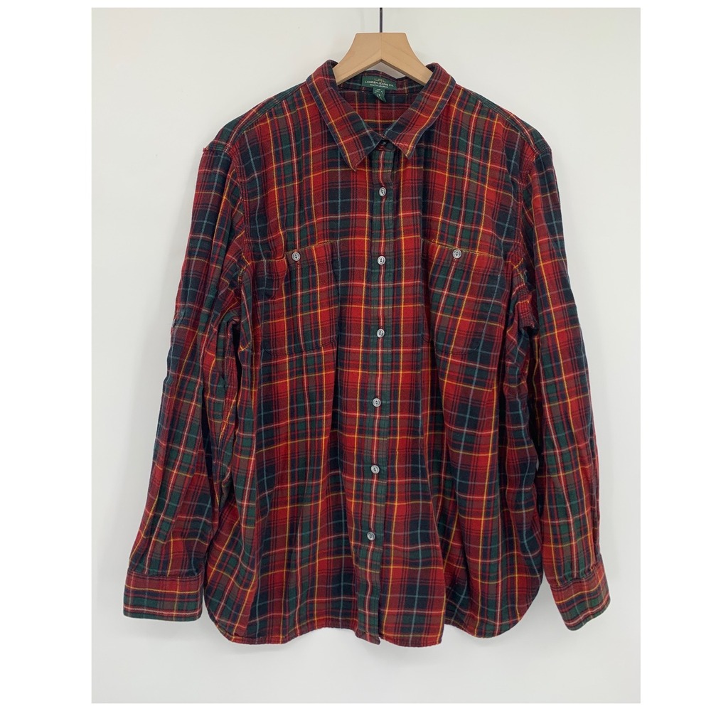 Ralph Lauren Shirt Womens 3X Red Plaid Flannel Button Down Roll Tab Sleeve